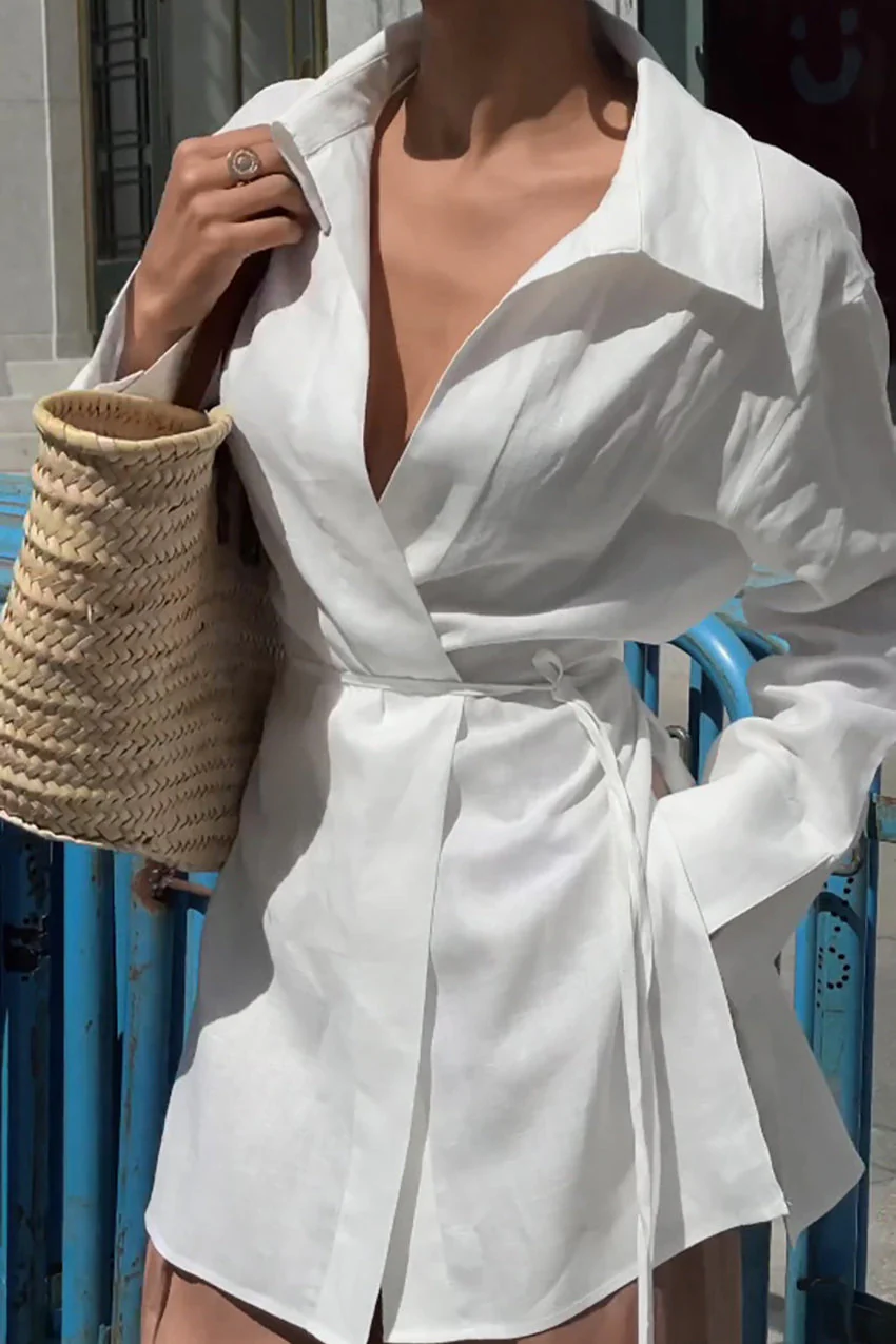 White Long Sleeve Tie Front Linen Blouse - Image 3