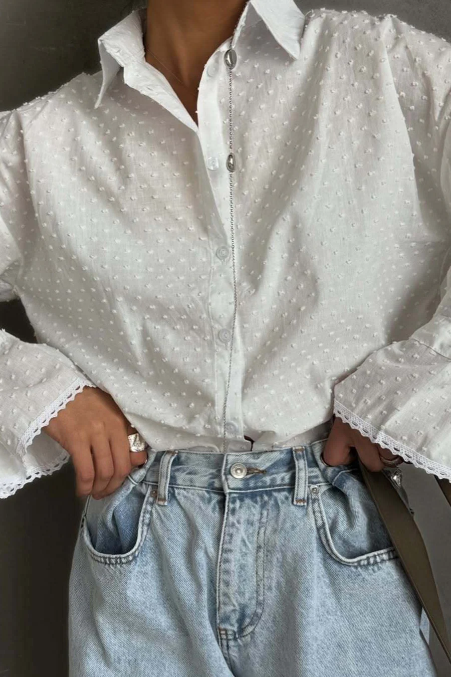 Cotton Single-Breasted Bell Sleeve Blouse - Image 2