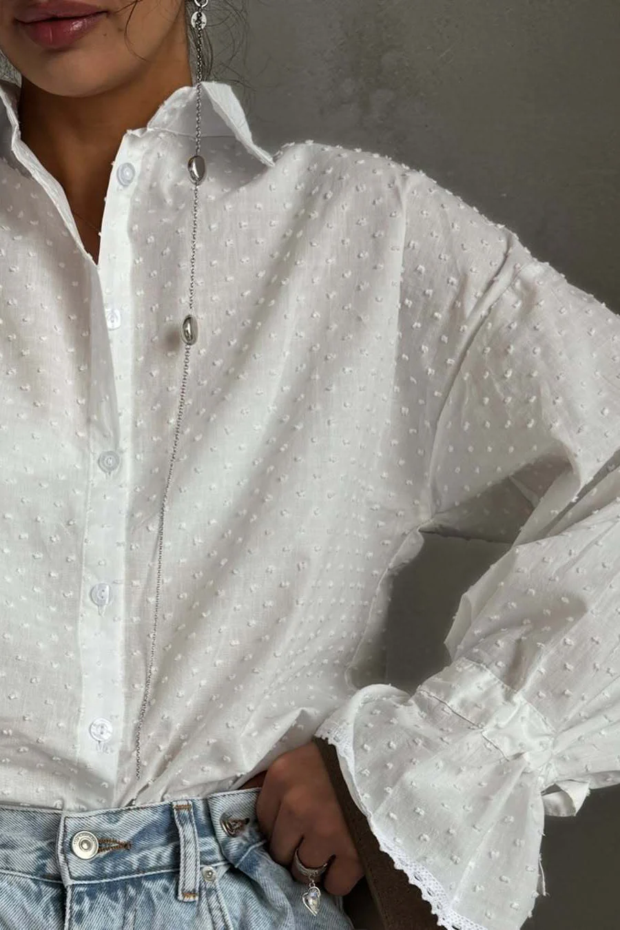Cotton Single-Breasted Bell Sleeve Blouse - Image 3