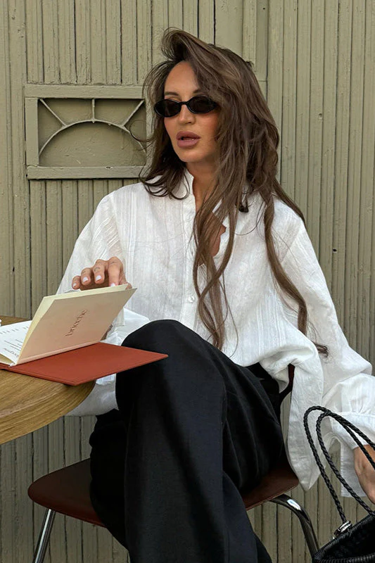 Loose Fit Lantern Sleeve Stand Collar Blouse - Image 4
