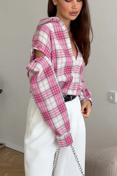 Pink Plaid Loose Fit Button-Up Blouse - Image 2