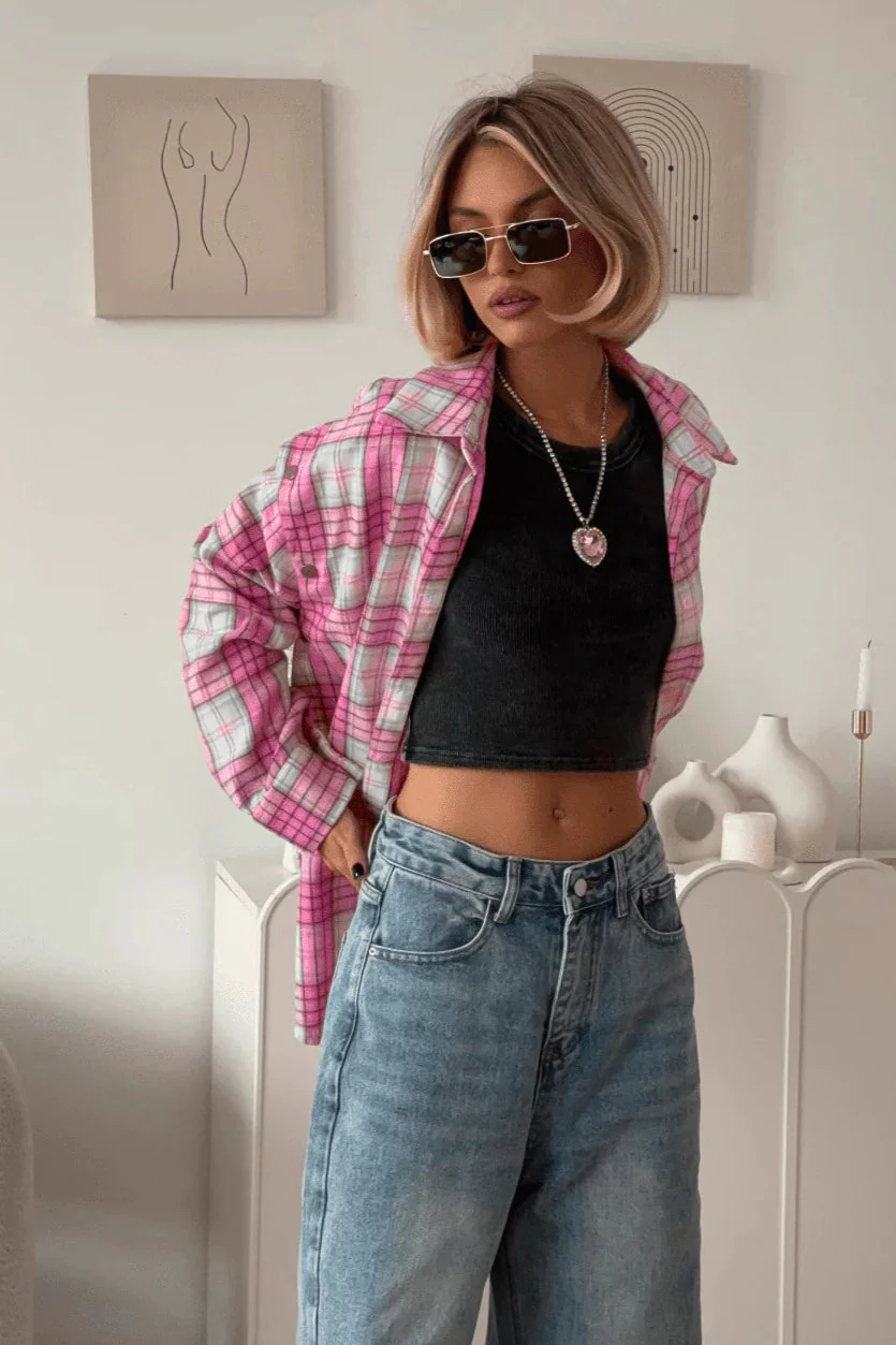 Pink Plaid Loose Fit Button-Up Blouse - Image 3