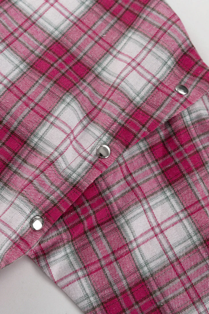 Pink Plaid Loose Fit Button-Up Blouse - Image 6