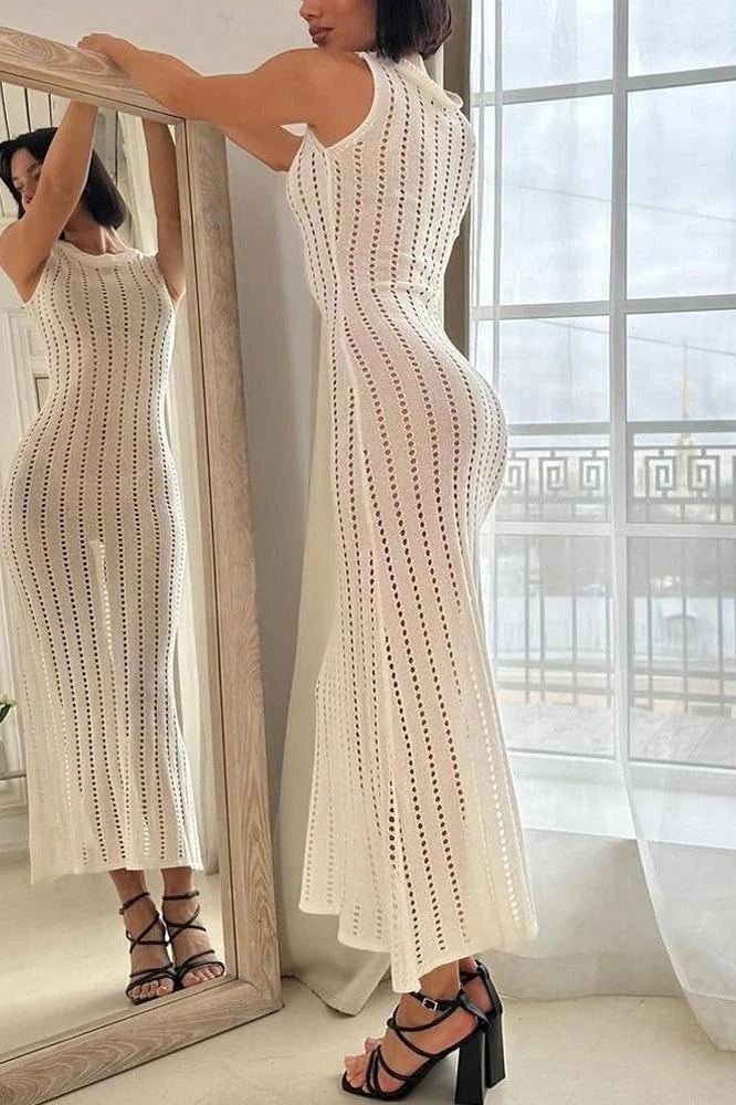 Knit Hollow Sleeveless Beach Boho Dress - Image 3