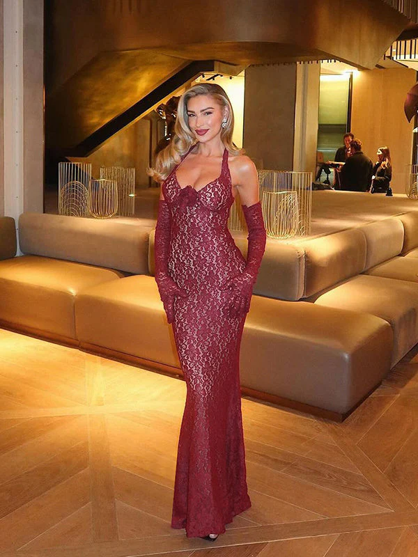 Lace Halter Neck Fitted Bodycon Party Dress - Image 4