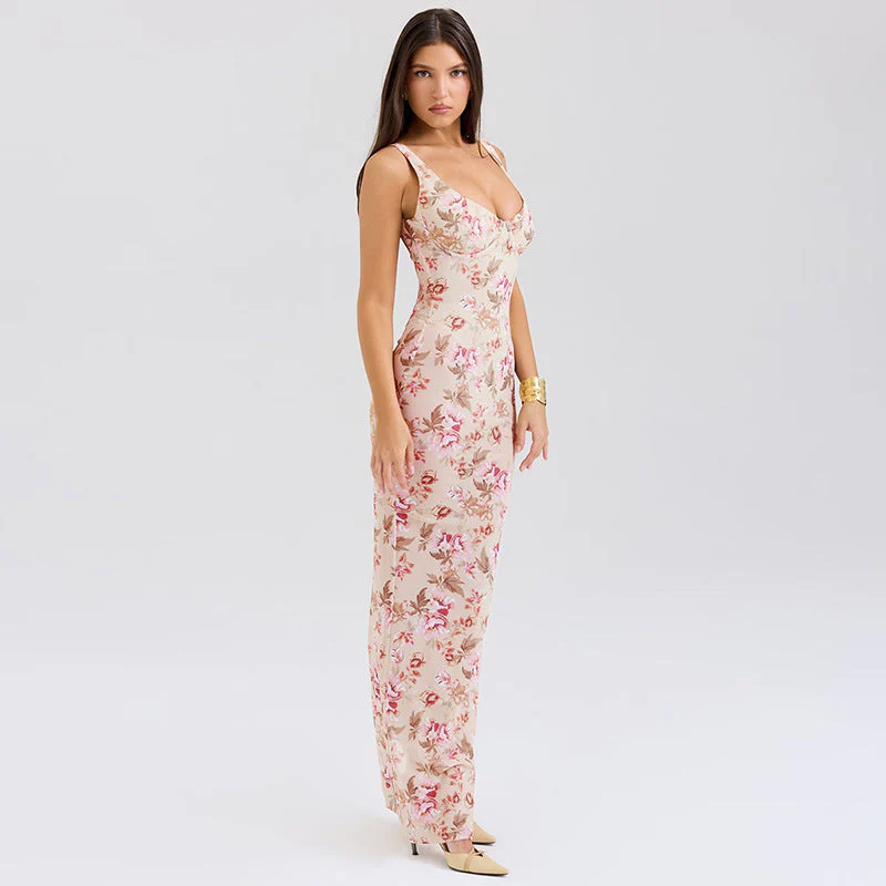 Floral Print Deep V-Neck Fitted Party Dress - Image 10