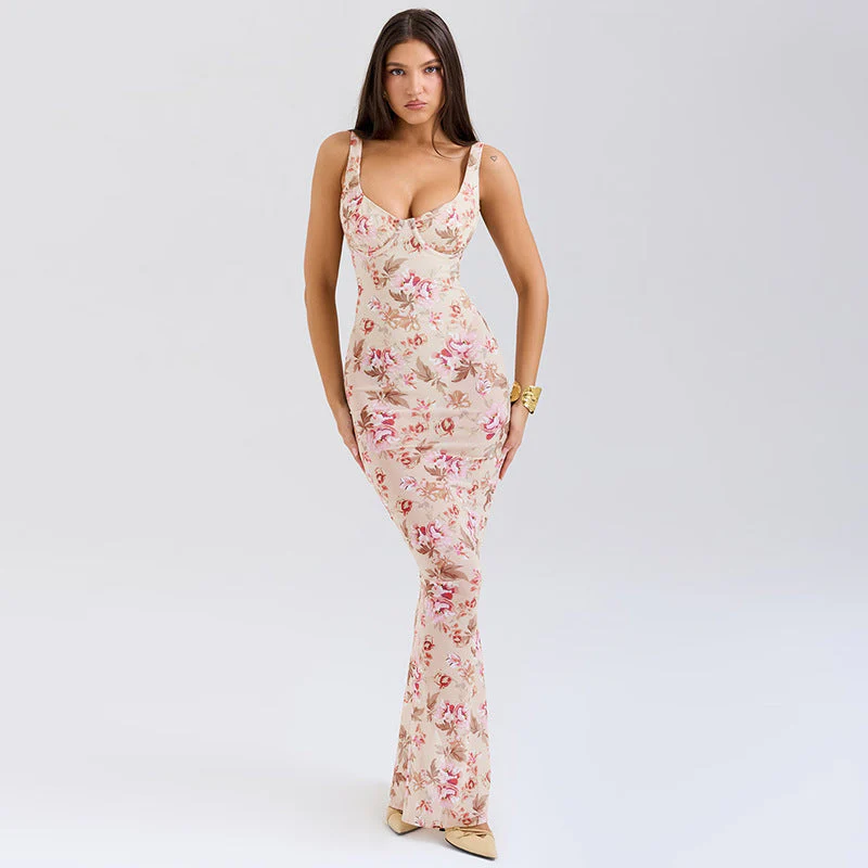 Floral Print Deep V-Neck Fitted Party Dress - Image 7