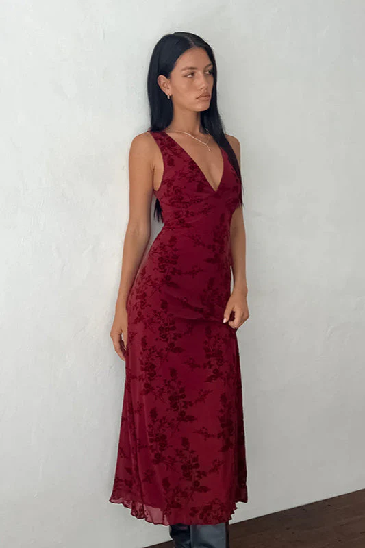 Floral Print V-Neck Sleeveless Fitted Party Dress - Image 3