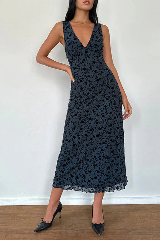 Floral Print V-Neck Sleeveless Fitted Party Dress - Image 6