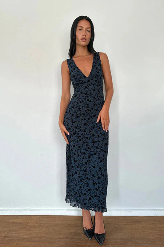 Floral Print V-Neck Sleeveless Fitted Party Dress - Image 7