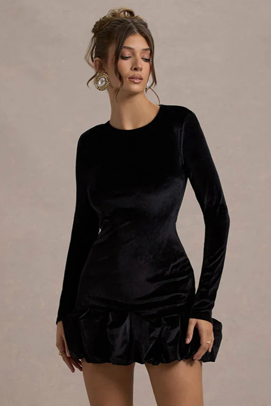 Velvet Pleated Hem Long Sleeve Party Dress - Image 11