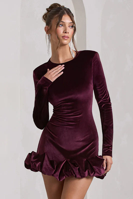 Velvet Pleated Hem Long Sleeve Party Dress - Image 6