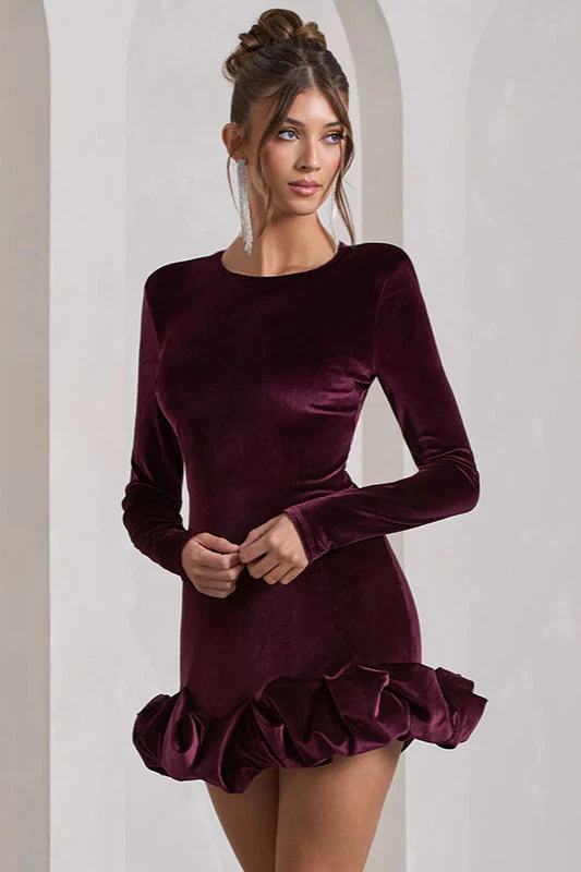 Velvet Pleated Hem Long Sleeve Party Dress - Image 7