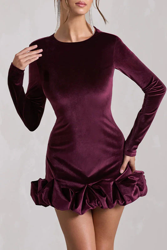 Velvet Pleated Hem Long Sleeve Party Dress - Image 8