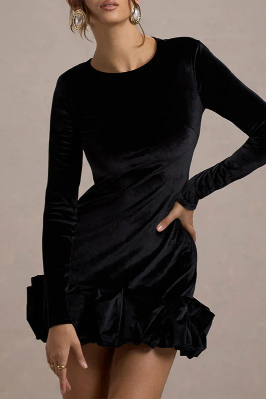 Velvet Pleated Hem Long Sleeve Party Dress - Image 9