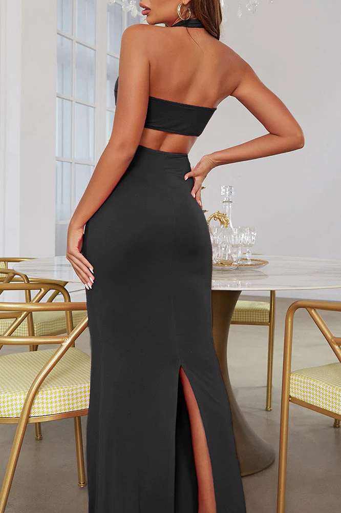 Halter Backless Cutout Split-Panel Party Dress - Image 2