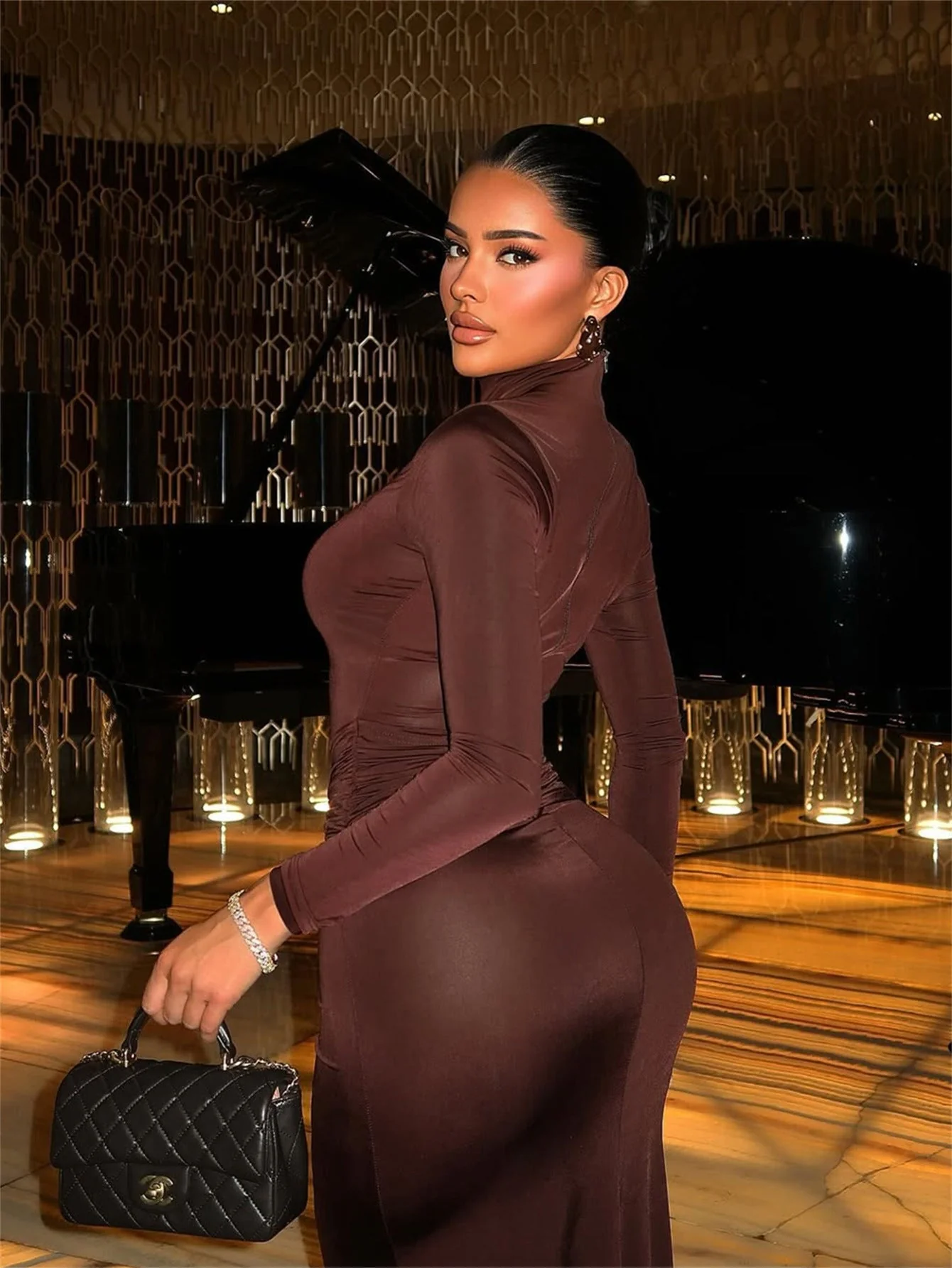 Metallic Accent Solid Bodycon Party Dress - Image 3