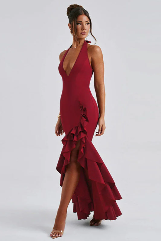 Halter Deep V Ruffled Bodycon Party Dress - Image 7