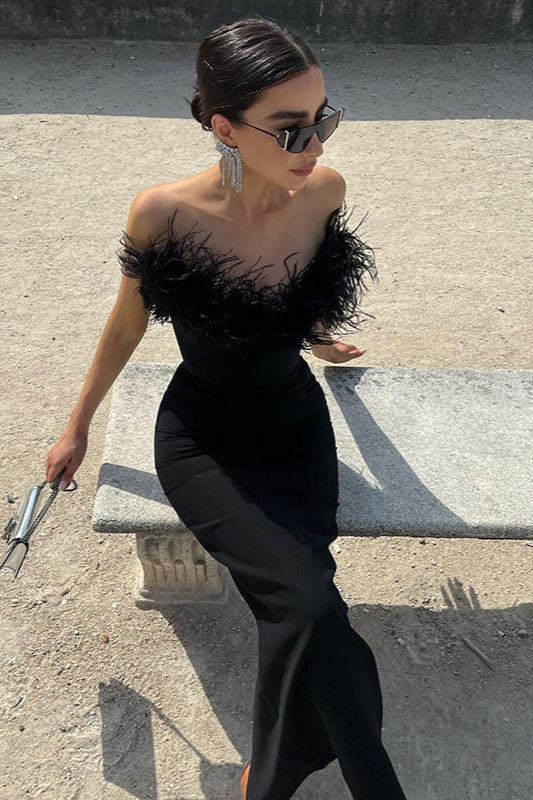 Strapless V-Neck Feathered Mermaid Party  Dress - Image 5