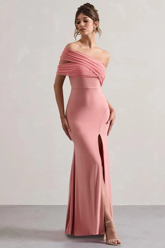 Mesh Panel Off-Shoulder Split Bodycon Party Dress - Image 11