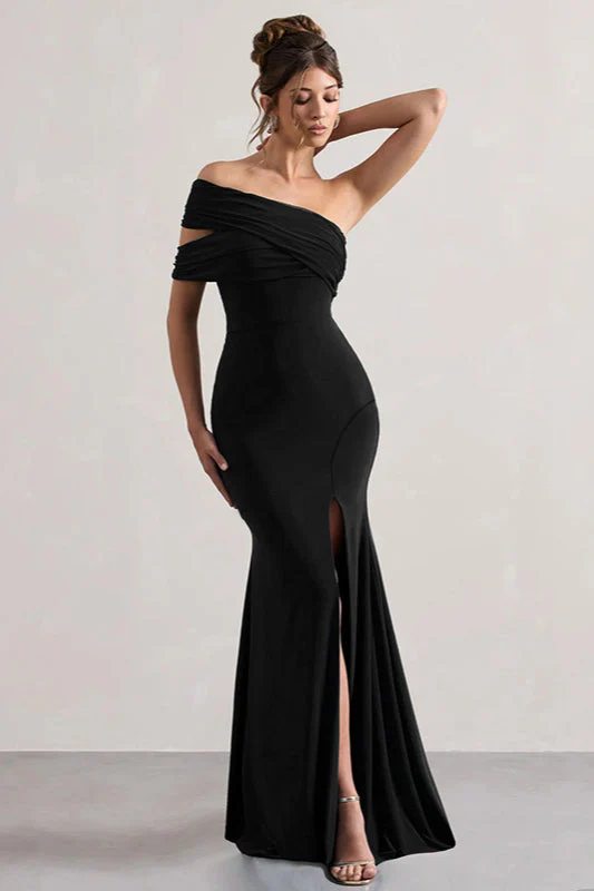 Mesh Panel Off-Shoulder Split Bodycon Party Dress - Image 13