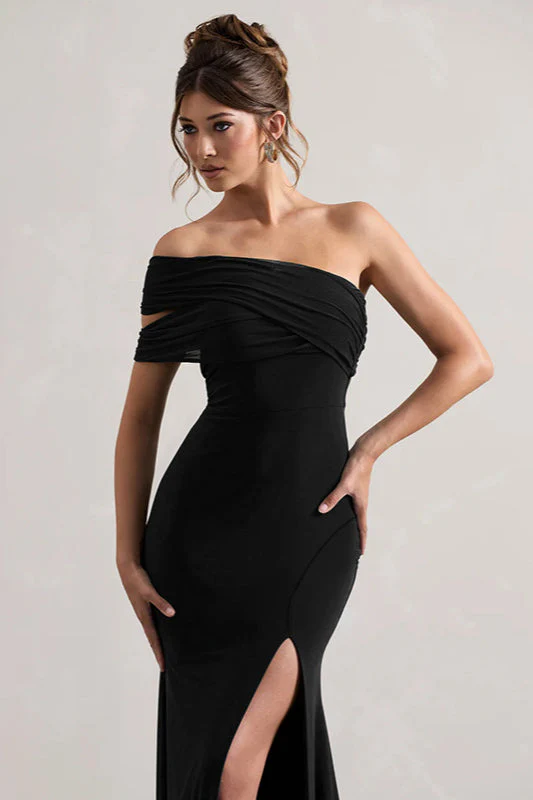 Mesh Panel Off-Shoulder Split Bodycon Party Dress - Image 14