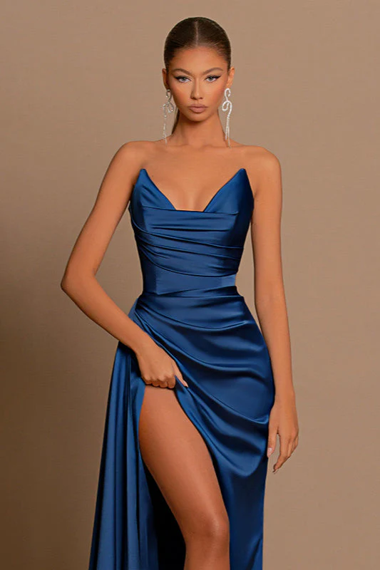 Deep V Waist-Cinched Satin Split Bodycon Party Dress - Image 4
