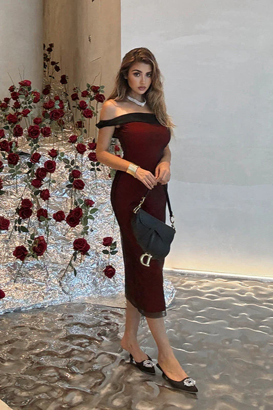 Off-Shoulder Mesh Colorblock Bodycon Party Dress - Image 8
