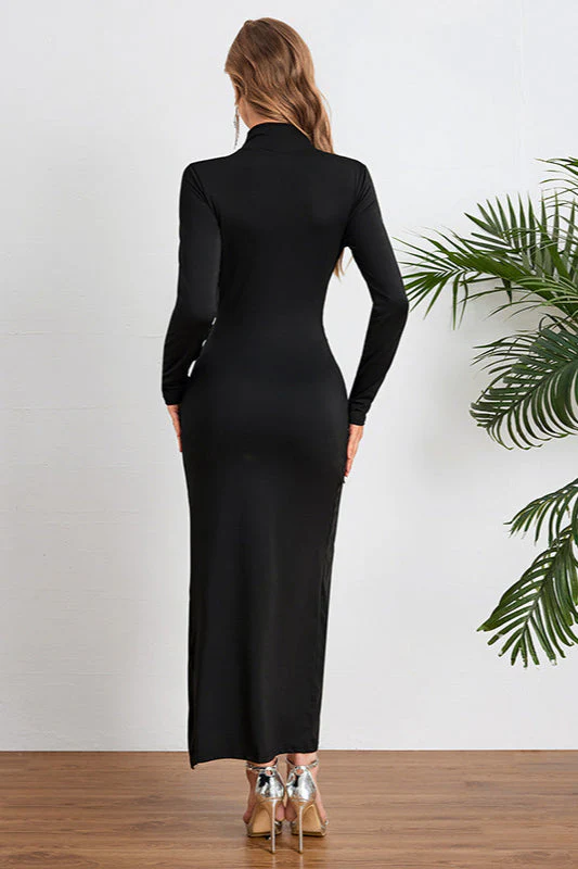 High Neck Ruched Split Bodycon Long Sleeve Party Dress - Image 10