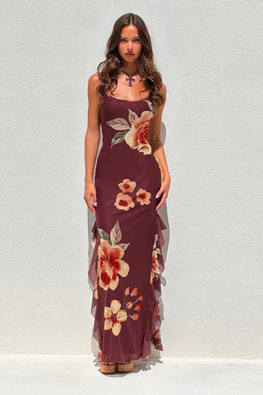 Floral Mesh Tie Split Bodycon Cami Party Dress - Image 4