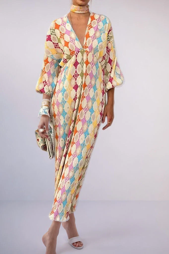 Elegant Floral V-Neck Lantern Sleeve Boho Dress - Image 3