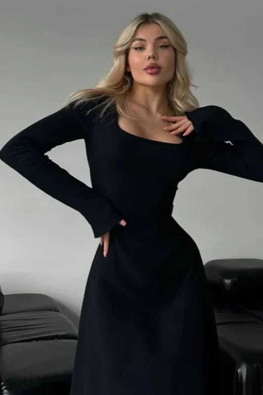 Elegant Fitted Long Sleeve Square Neck A-Line Party Dress - Image 11