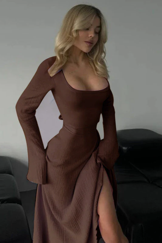 Elegant Fitted Long Sleeve Square Neck A-Line Party Dress - Image 2