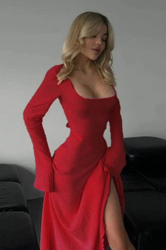 Elegant Fitted Long Sleeve Square Neck A-Line Party Dress - Image 3