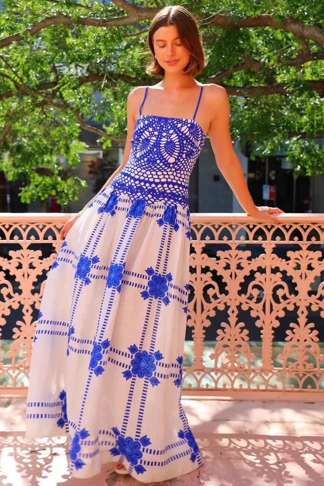 Elegant Lace Trim Blue-White Boho Dress - Image 2