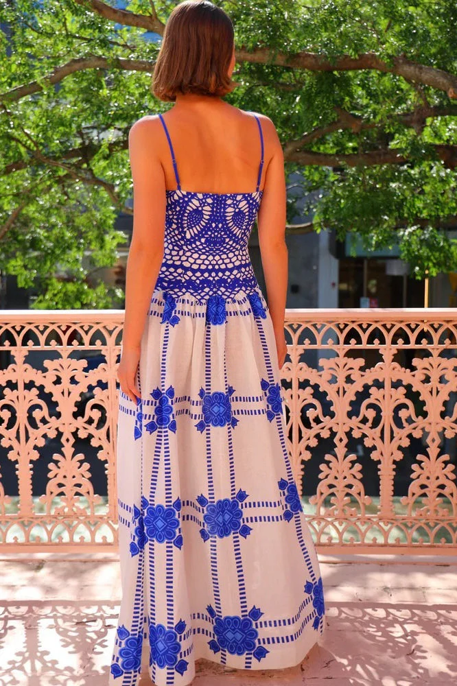 Elegant Lace Trim Blue-White Boho Dress - Image 3