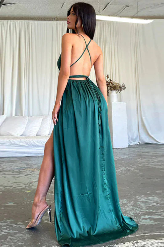 Satin V-Neck Waist-Cinching Split Dress Party Dress - Image 8