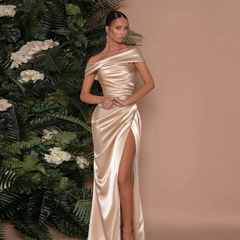 Silk Gloss Off-Shoulder Split Party Dress - Image 6