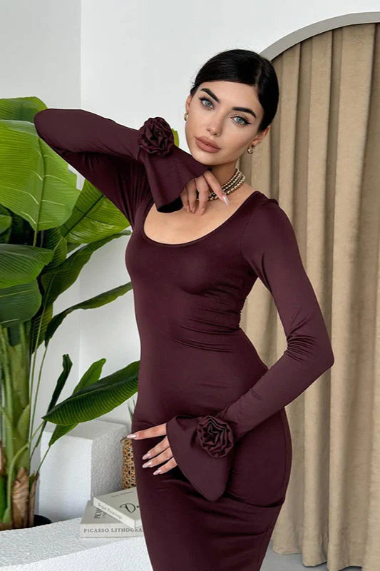 Round Neck Rose Embellished Long Sleeve Party Dress - Image 2