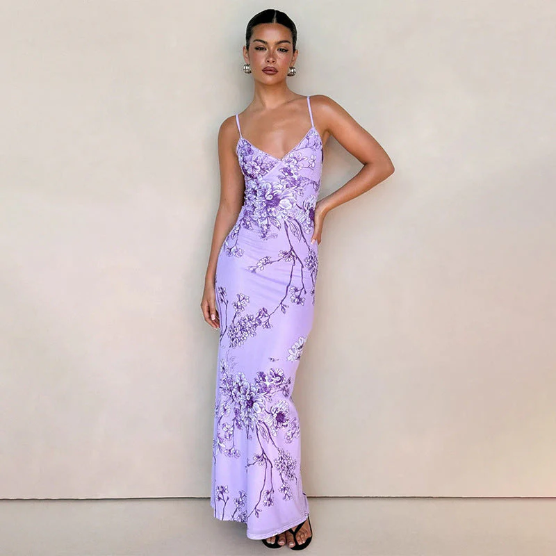 Elegant V-neck Floral Purple Cami Bodycon Maxi Dress - Image 5