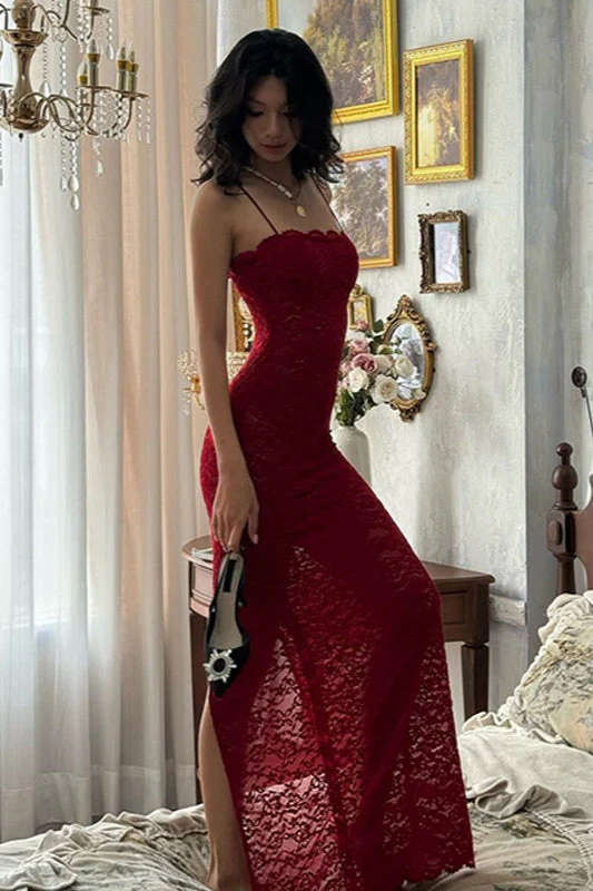 Elegant Red Lace Strapless Cami Bodycon Maxi Dress - Image 3