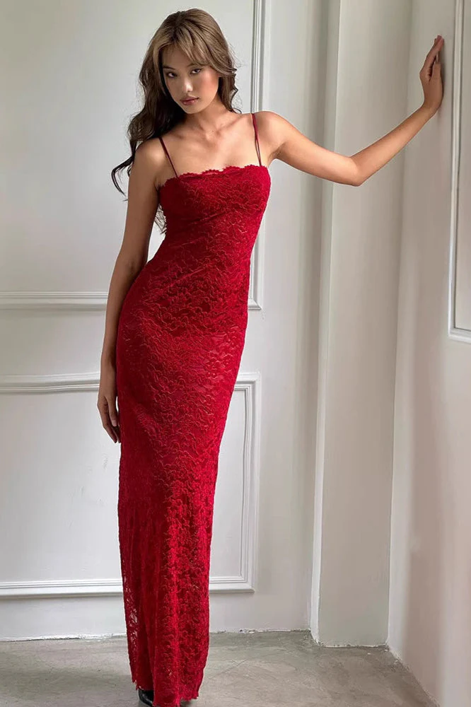 Elegant Red Lace Strapless Cami Bodycon Maxi Dress - Image 4