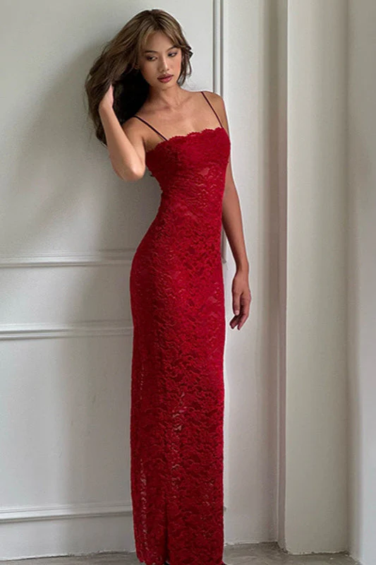 Elegant Red Lace Strapless Cami Bodycon Maxi Dress - Image 5