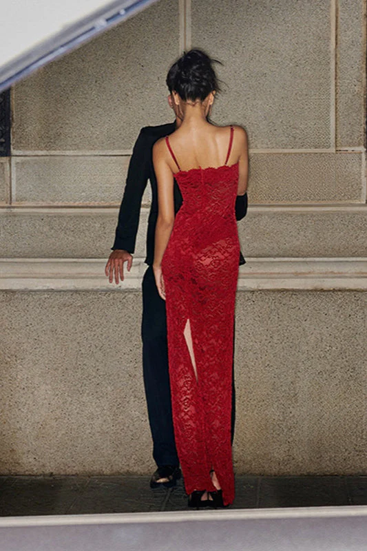 Elegant Red Lace Strapless Cami Bodycon Maxi Dress - Image 7