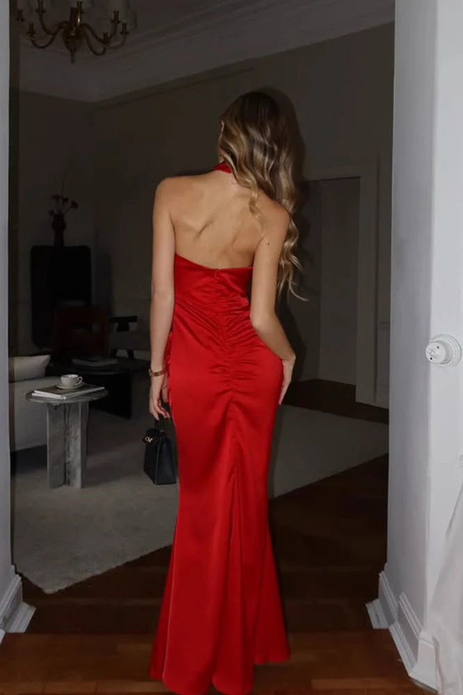 Chic Sleeveless Halter Backless Satin Fishtail Bodycon Maxi Dress - Image 3