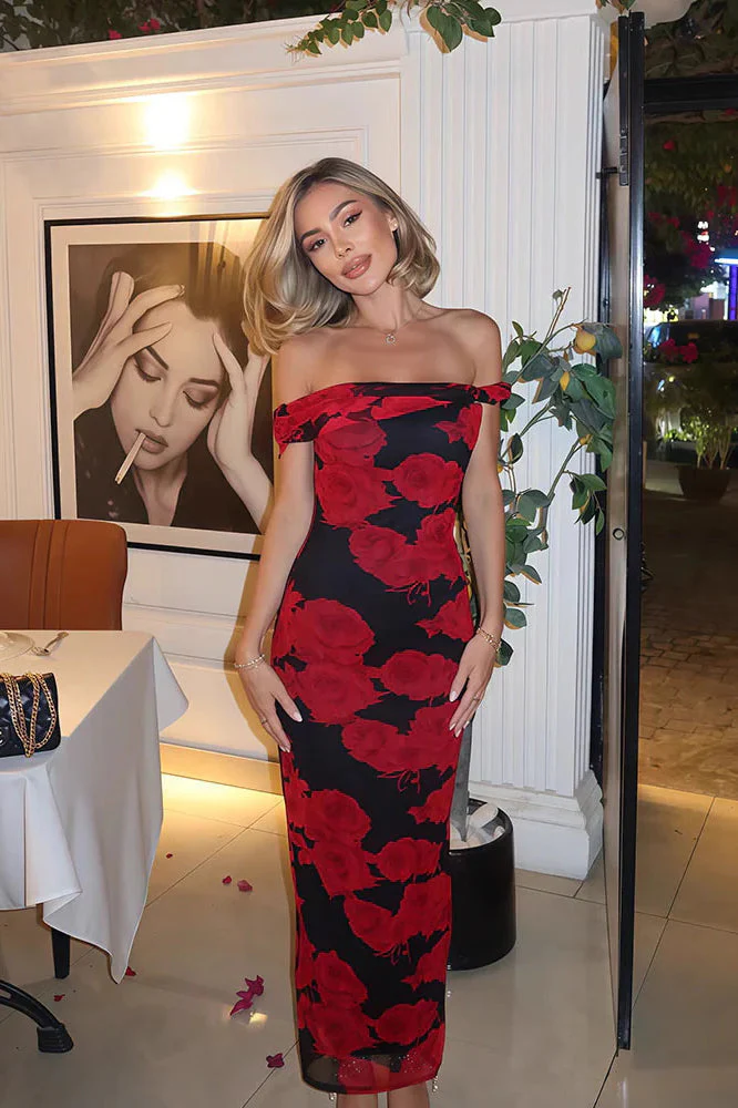 Rose Print Off Shoulder Maxi Dress - Image 3