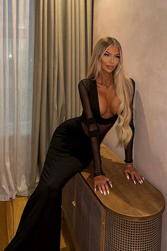 Mesh Panel Deep V Maxi Dress - Image 3
