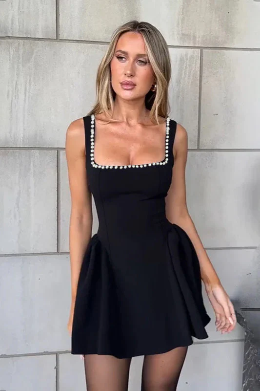 Pearl Trim Square Neck Party Dress - Image 4