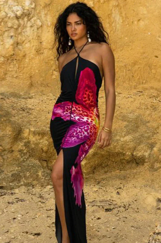 Sexy Halter V-neck Floral Print High Slit Bodycon Maxi Dress - Image 4
