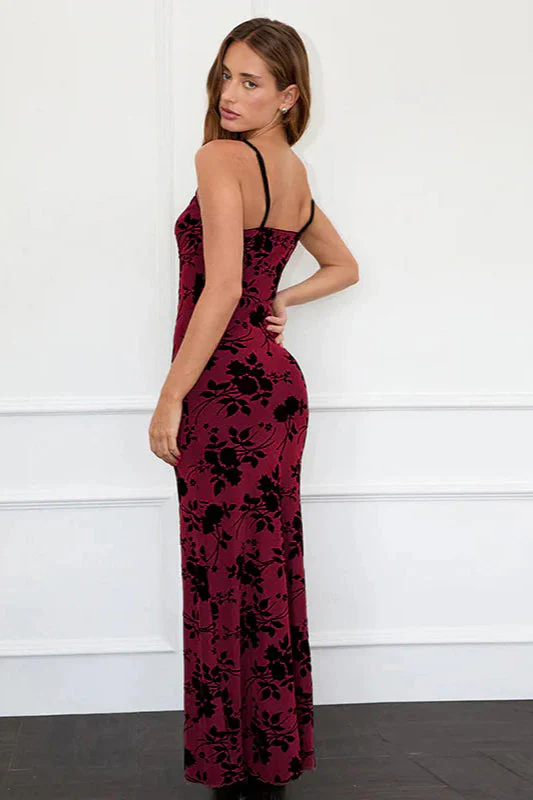 Velvet Flocked Slim Fit Strappy Long Party Dress - Image 10